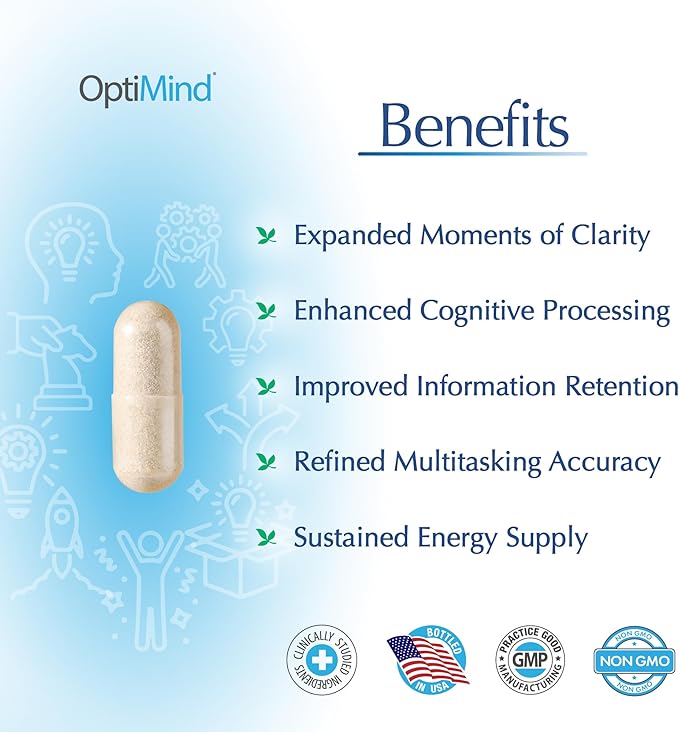 Optimind Brain Supplement for Memory and Focus, Nootropic with Synapsa®, Phosphatidylserine, Vitamin B1 B12, Non-GMO, Mental Clarity, Cognitive Support, Clinically Studied Ingredients, 96 Capsules