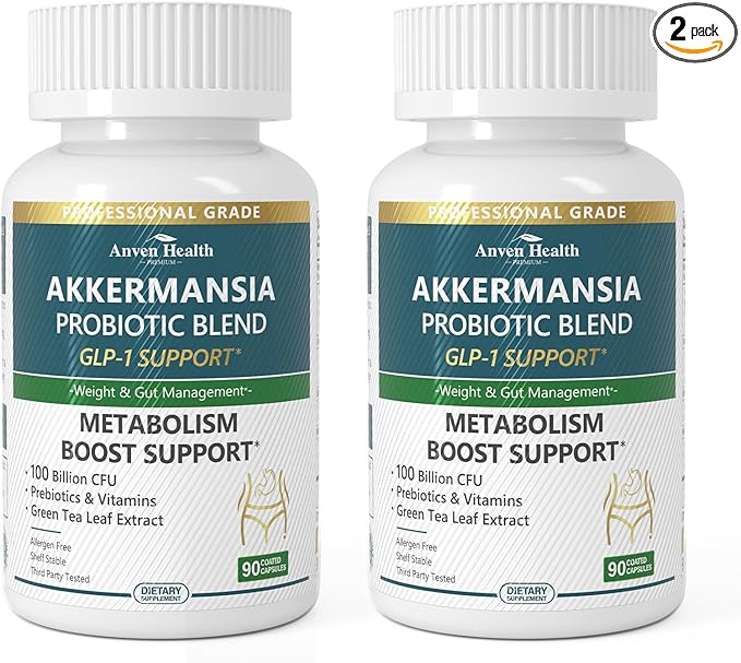 GLP-1 Supplement 100 Billion Akkermansia Probiotic & Prebiotic for Gut Health & Digestion, Metabolism & Energy Support with Vitamin B2 & D, Green Tea and Chromium - Non-GMO | 180 Capsules
