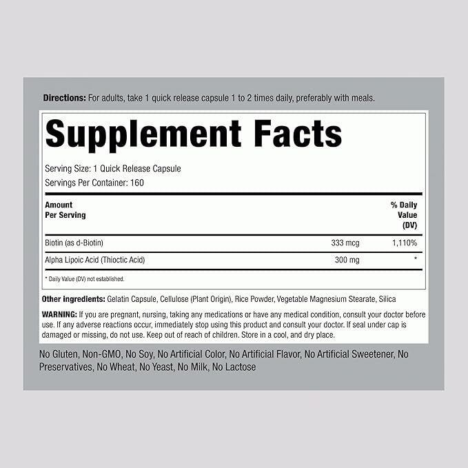 Piping Rock Alpha Lipoic Acid 300mg | Plus Biotin Optimizer | 160 Capsules | Non-GMO, Gluten Free Supplement