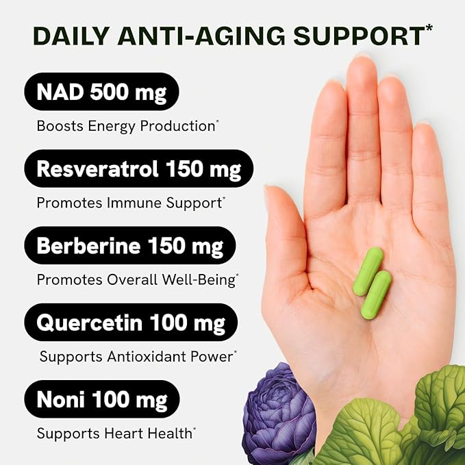 Liposomal NAD Supplement for Women w/Noni | 5-in-1 NAD Resveratrol Supplement w/Berberine & Quercetin | Pure NMN Powder Alternative | Supports Anti Aging & NAD+ Levels | 60 caps - 1 Pack