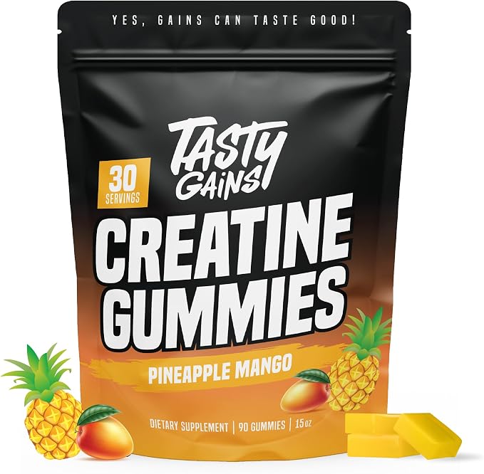TASTY GAINS Creatine Gummies - 90g of Creatine Monohydrate - Workout Supplements - Build Muscle & Boost Strength for Men & Women - Made in USA - Non GMO - Vegan Friendly (Large, Pineapple Mango)