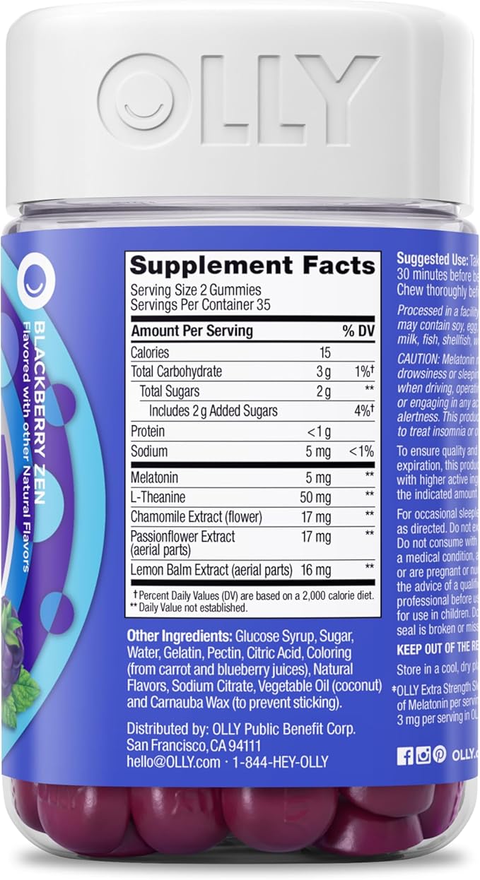 OLLY Extra Strength Sleep Gummy, Occasional Sleep Support, 5 mg Melatonin, L-Theanine, Chamomile, Lemon Balm Extracts, Sleep Aid, Blackberry Flavor - 70 Count (Packaging May Vary)