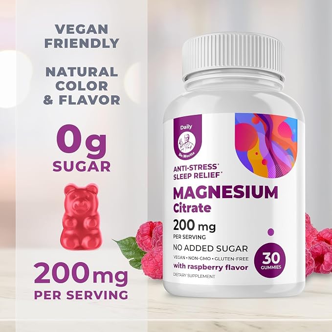 DR. MORITZ Magnesium Citrate Gummies for Adults - Sugar-Free Calm Magnesium Gummies - Supports Cardiovascular Health- Raspberry Flavor - Non-GMO, 200 mg (30 Count)