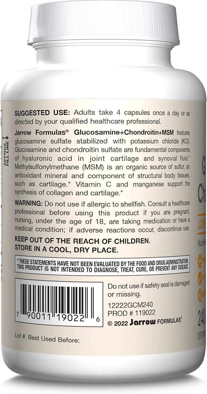 Jarrow Formulas Glucosamine, Chondroitin, and MSM Capsules; Joint Support Supplement with Vitamin C and Manganese, Bone & Joint Health, 240 Capsules, 60 Day Supply
