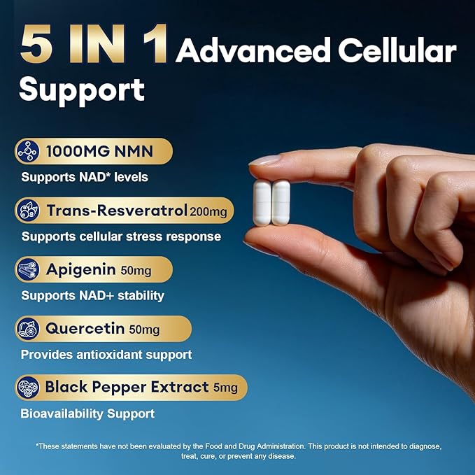 NMN Supplement 1000mg – NMNH Alternative 5-in-1 NAD Supplement w/Resveratrol, Apigenin, Quercetin & Black Pepper – Supports Cellular Energy, Healthy Aging & Longevity – 120 Veggie Capsules