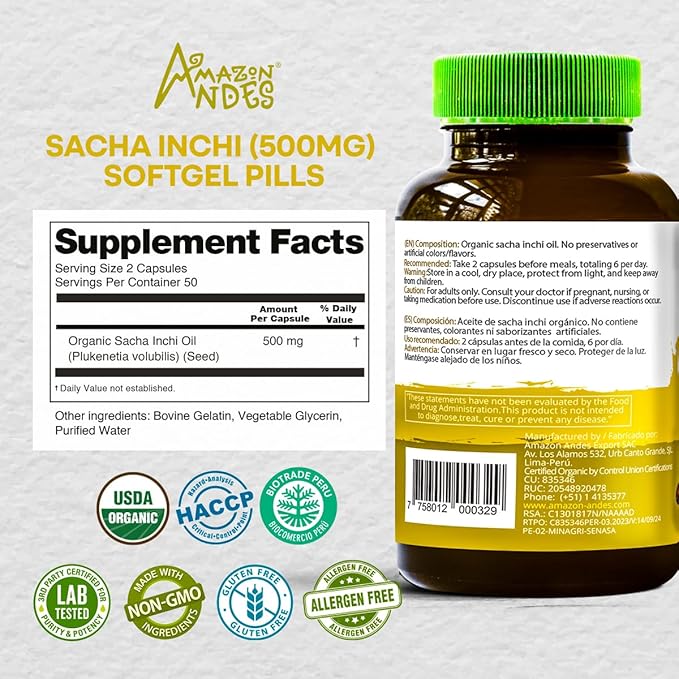 Amazon Andes Sacha Inchi Oil Capsules 500mg - Omega 3 6 9 Fatty Acids from Peru - 100 Softgels - Cold Pressed Virgin Inca Peanut Oil - Plukenetia Volubilis - Vegan Plant Based Non-GMO
