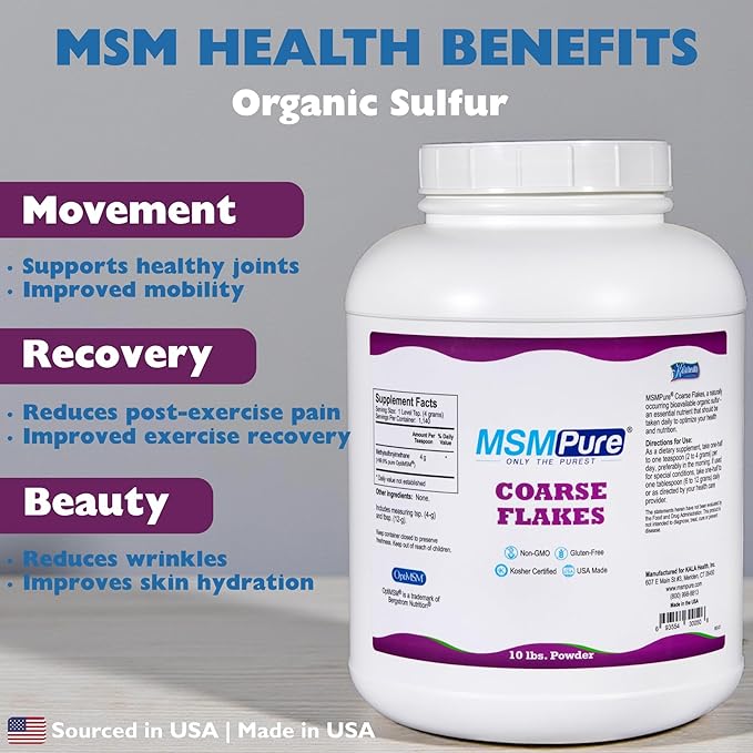 KALA HEALTH MSMPure Coarse MSM Powder Flakes – US-Made MSM for Joint Health, Skin Appearance, and Hair & Nail Support – 10 lb, Organic Sulfur