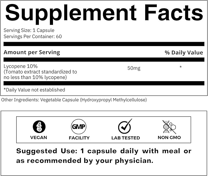 Lycopene 50mg, Natural Carotenoid Antioxidant Supplement from Tomatoes, Standardized Extract for Heart, Prostate & Skin Health – Non-GMO, 60 Veg Capsules