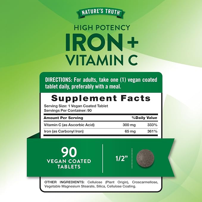 Nature's Truth Iron Plus Vitamin C Tablets | 65mg of Iron | 90 Count | High Potency | Vegan, Non-GMO & Gluten Free Supplement