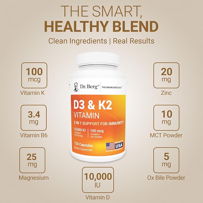 Dr. Berg Maximum Strength 2-in-1 Vitamin D3 K2 10,000 IU | Naturally Derived D3 | 4X Lab-Tested & Verified | High Absorption Formula | K2 D3 Vitamin Supplement - 120 Capsules