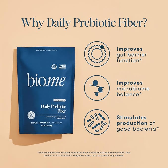 Bio.me Daily Prebiotic Fiber Powder Unflavored - 7g Per Serving - Soluble & Insoluble Fiber Supplement Powder for Women & Men - Digestive Health & Gut Health - GLP-1 Friendly, Sugar Free - 30 Servings