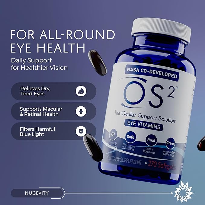 OS2 Ocular Support Solution - Patented Eye Vitamins for Macular Health, Dry Eye and Blue Light - Lutein, Zeaxanthin, Omega 3, Astaxanthin and AREDS2 Supplements, Co-Developed by NASA, 270 ct