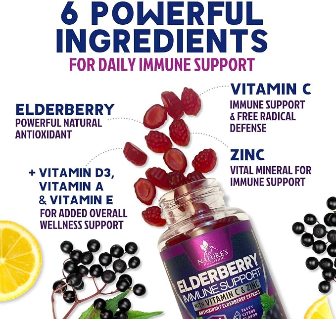 Elderberry Immune Support Gummies - 3X Strength Sambucus Elderberry Gummy with Vitamin C, D3 & Zinc - Nature’s Black Elderberry Extract - Immune Support Supplement for Adults & Kids - 120 Gummies