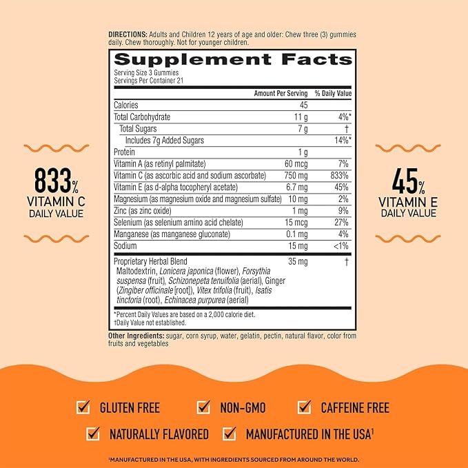 Airborne 750mg Vitamin C Immune Support Supplement Gummies for Adults, Assorted Fruit Flavor, Gluten Free Crafted Blend with Powerful Antioxidants Vitamins A C & E, 63 Gummies (3 Pack)