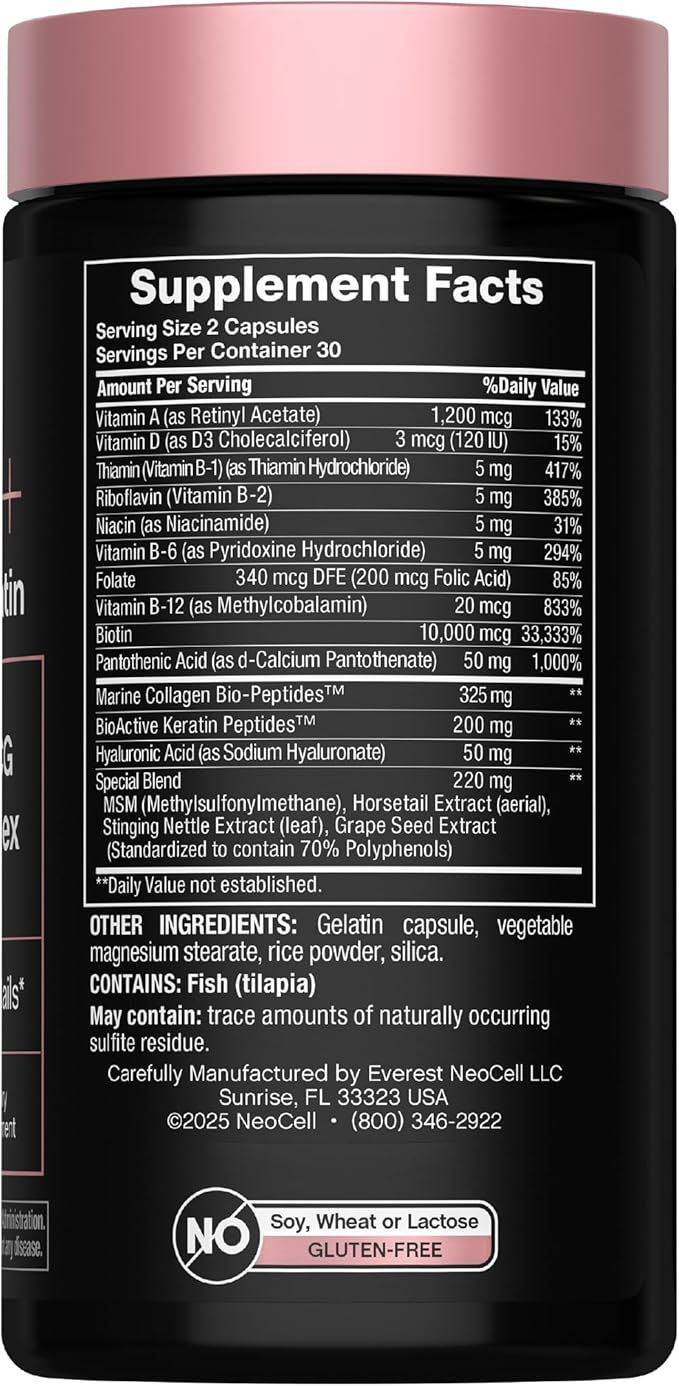 NeoCell Biotin Collagen Keratin Supplement | 80000mcg | 60 Capsules | Beauty B-Complex | Plus Hyaluronic Acid | Hair, Skin, and Nails