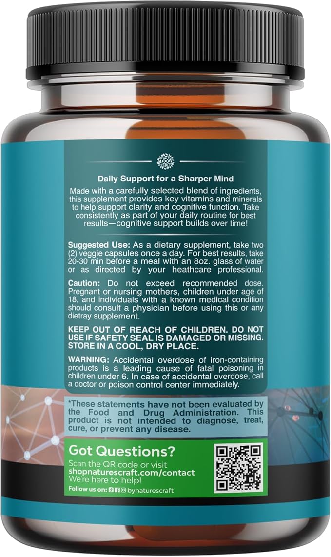 Nootropic Brain Supplement for Memory and Focus Enhancement - Vitamins for Mental Health & Clarity with VIT A, B6, Riboflavin, Niacin, Thiamin & Folate - Cognitive Complex for Mind Vitality - 120ct