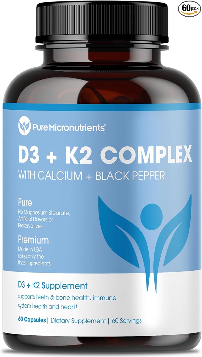 Pure Micronutrients Vitamin D3 K2 Supplement | MK7 100mcg, D3 5000 iu, Calcium + BioPerine | Muscle & Bone Health, Heart, Immunity & Energy Support | Vegan | 60 Capsules