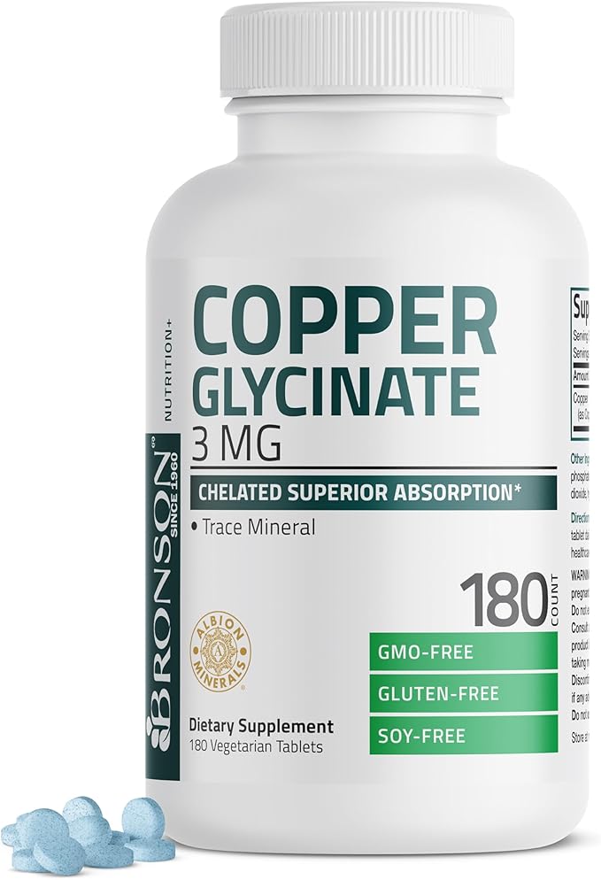 Bronson Copper Glycinate 3mg Chelated Superior Absorption Non-GMO, 180 Vegetarian Tablets