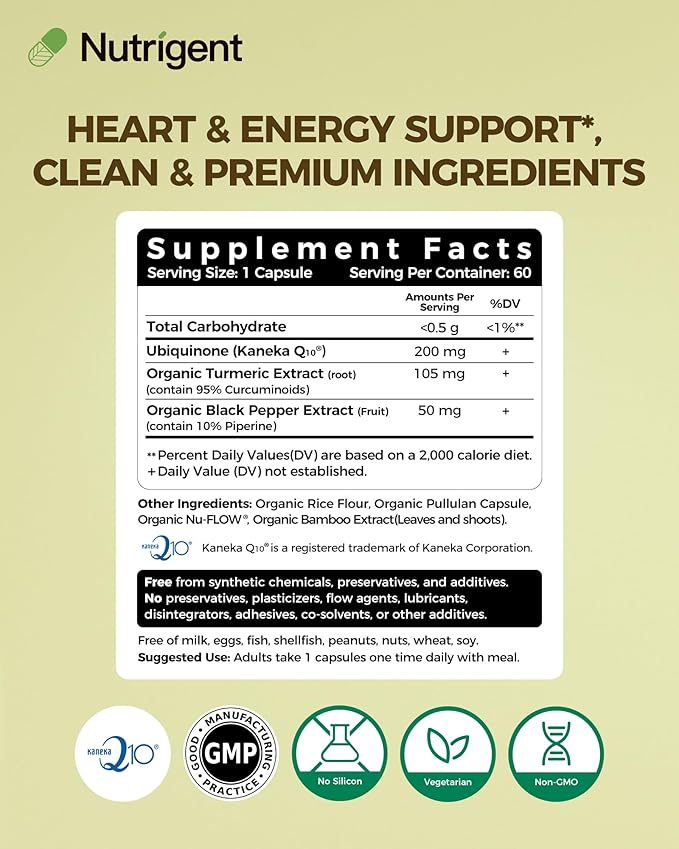 CoQ10 200mg Capsules with Organic Turmeric & Black Pepper – Antioxidant Support, Heart & Brain Health, Cellular Energy Production* – Clean Label Formula, 60 Day Supply