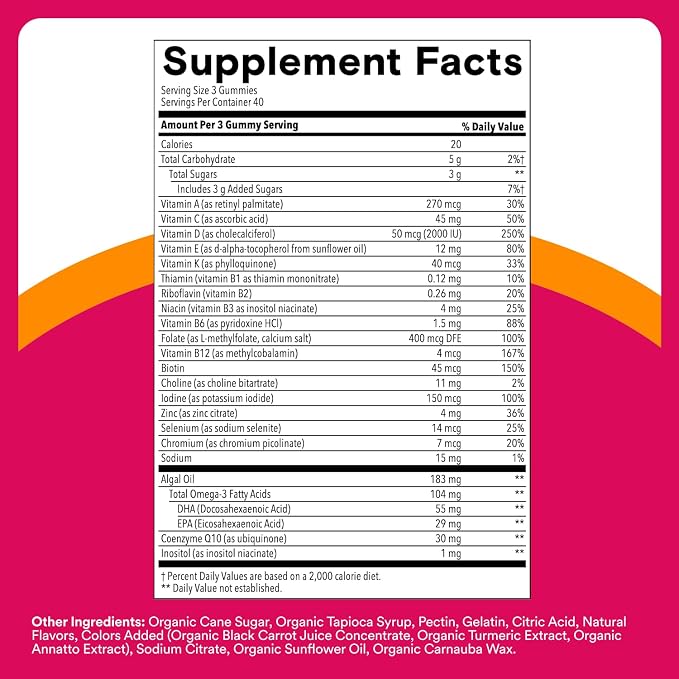 SmartyPants Women's Multivitamin Gummies, Omega 3 (DHA/EPA), Methylfolate, CoQ10, Vitamin D3, C, Vitamin B12, B6, A, K & Zinc, Inositol, Gluten Free, 120 Count (40 Day Supply)