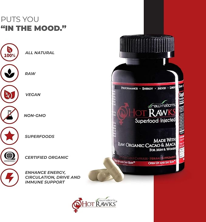 Hot Rawks Organic Superfood & Herbal Supplement for Men and Women – Maca, Korean Ginseng, Tribulus, Cacao + Botanical Blend – Vegan, Non-GMO, All-Natural Daily Vitality & Mood Support – 60 Capsules