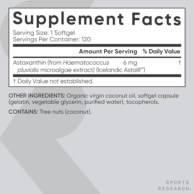 Sports Research Astaxanthin Supplement from Algae - Softgels for Antioxidant Activity, Skin & Eye Health Support - Made with Coconut Oil, Non-GMO Verified & Gluten Free - 6mg, 120 Count