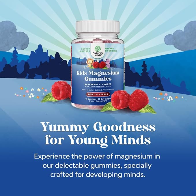 Kids Magnesium Gummies - Calm Relaxing Mg Citrate Supplement with Raspberry Flavor - Calm Magnesium Supplement for Nerve Health Muscles & Heart Support - Mag Citrate Gummies - 45 Count