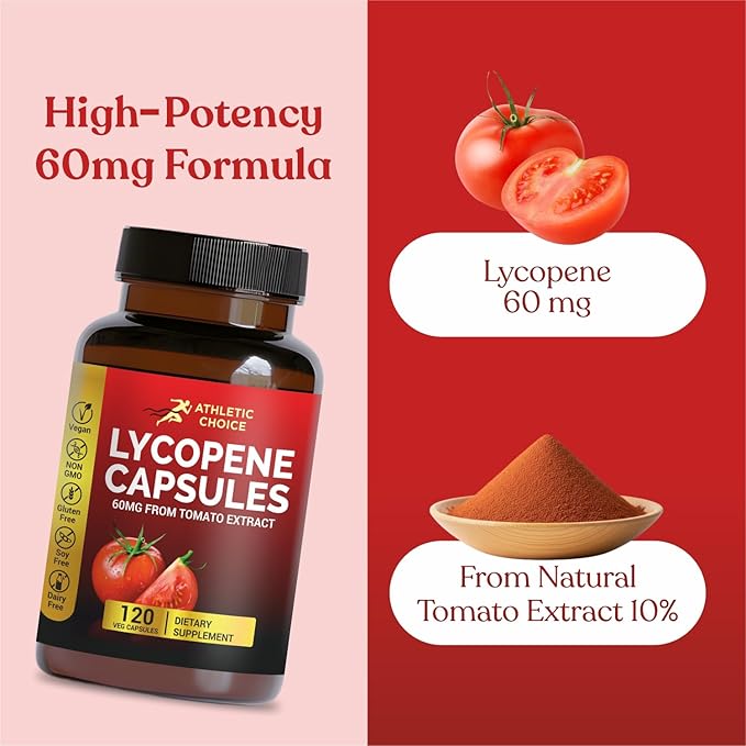 Lycopene Supplement for Men 60mg, Natural Tomato Extract Powder, 120 Veggie Capsules, Carotenoid Supplement for Daily Wellness, Vegan, Non-GMO & Gluten-Free Lycopene Complex