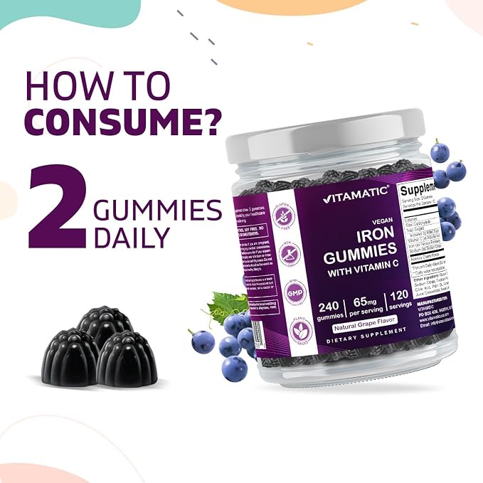 Vitamatic Iron 65 mg Gummies Supplement for Women & Men - 240 Vegan Gummies - Great Tasting Iron Gummy Vitamins with Vitamin C