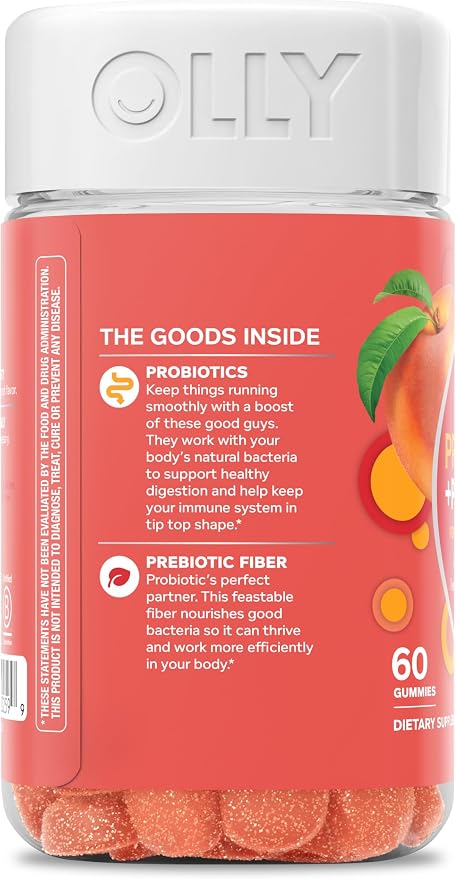 OLLY Probiotic + Prebiotic Gummy,Digestive Support and Gut Health,500 Million CFUs,Fiber,Adult Chewable Supplement for Men and Women,Peach,60 Day Supply -,60 Count (Pack of 2)