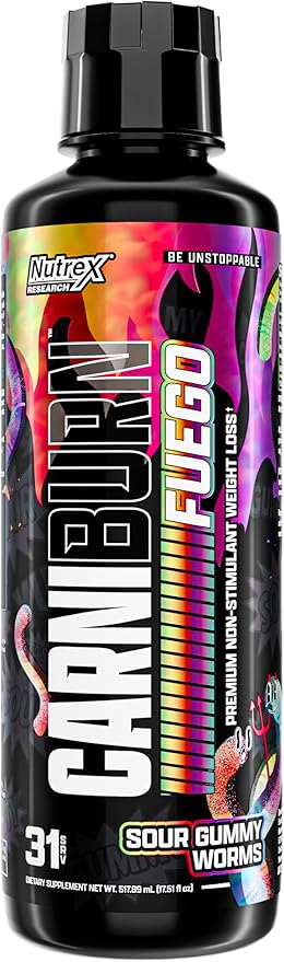 Nutrex Research Carniburn Liquid L Carnitine 3000mg – Thermogenic Liquid Fat Burner for Men & Women with MitoBurn, InnoSlim, GBBGO - Stimulant Free Metabolism Booster - Sour Gummy Worms 31 SV