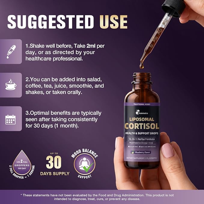 16-IN-1 Liposomal Cortisol Supplements Drops for Women, Melatonin-Free | Cortisol Reducer with Ashwagandha,L-Theanine,Myo-Inositol & Magnesium for Relaxation,Stress & Sleep,Blueberry Flavor, 2 Fl Oz