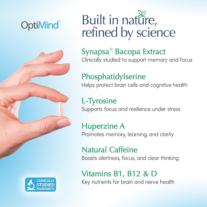 Optimind Brain Supplement for Memory and Focus, Nootropic with Synapsa®, Phosphatidylserine, Vitamin B1 B12, Non-GMO, Mental Clarity, Cognitive Support, Clinically Studied Ingredients, 96 Capsules