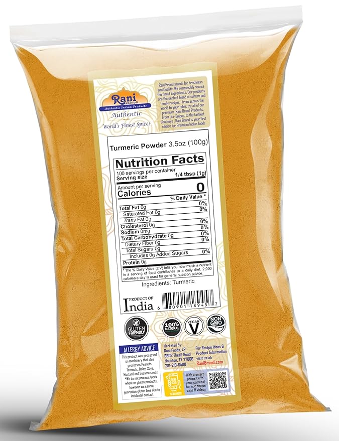 Rani Turmeric (Haldi) Root Powder Spice, (High Curcumin Content) 3.5oz (100g) ~ All Natural | 100% Pure, Salt Free | Vegan | Gluten Friendly | NON-GMO | Kosher | Indian Origin