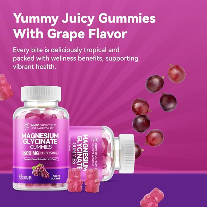 Magnesium Glycinate Gummies 600mg, Non-GMO, Gluten-Free, Magnesium Gummies for Adults & Kids, Sleep, Relaxation & Focus, Grape Flavor, 60 Count