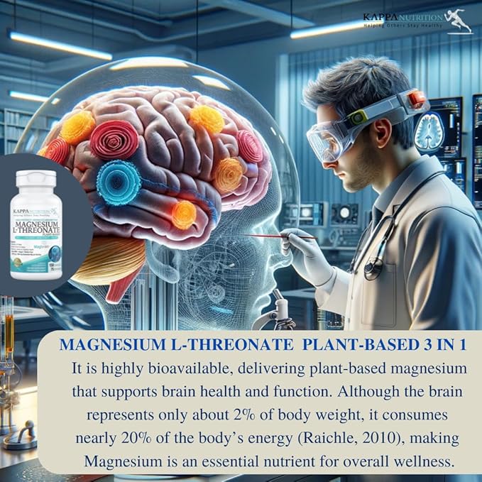 Kappa Nutrition Powered by Magbrain™ Magnesium L-Threonate Plant-Based, 150 Vegan Capsules, 420mg Elemental Magnesium (3 Capsules) from 2,253mg, Brain, Sleep & Muscle Support.