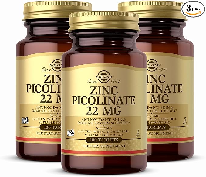 Solgar Zinc Picolinate 22 mg, 100 Tablets (Pack of 3) - Promotes Healthy Skin - Supports Immune System, Normal Taste & Vision - Antioxidant - Non-GMO, Vegan, Gluten Free, Kosher - 300 Total Servings