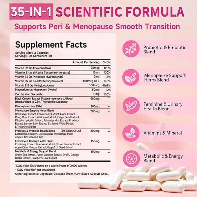 Menopause Supplements For Women, 400mg Black Cohosh & 200mg DIM for Hot Flashes, Night Sweats Relief & Hormone Balance, 35-in-1 with Probiotics, Ashwagandha & Red Clover, 100 Capsules/50-Day Supply