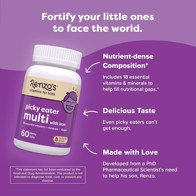 Renzo's Picky Eater Kids Multivitamin with Iron - Dissolvable Kids Vitamins with Iron, Zinc, Vitamin C, Vitamin D, E & K, Sugar-Free Melty Tabs, Orange Flavor, 60-Count (1-2 Month Supply)
