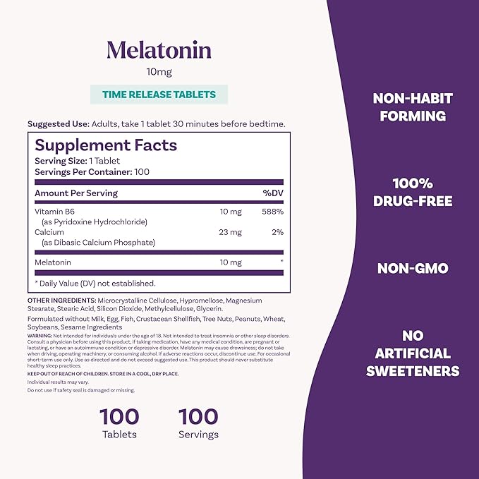 Natrol Melatonin 10mg Time Release Tablets, Sleep Dietary Supplement for Restful Sleep, 100 Melatonin Time Release Tablets, 100 Servings