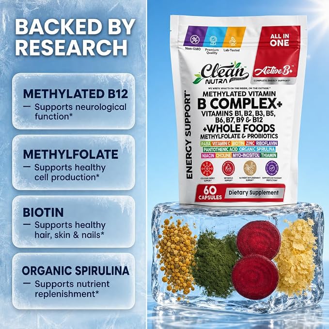 Vitamin B Complex Methylated B Vitamins for Women, Vitamin B12 Methylcobalamin Methylfolate B12 B1 B2 B3 B5 B6 B7 B9 Biotin Myo Inositol Choline Organic Spirulina Methylated Multivitamin 60 Ct