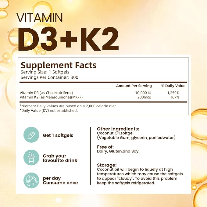 VivoNu Vitamin D3 K2 10000 IU with MK7-300 Virgin Coconut Oil Softgels, 2 in 1 Vitamins D & K Complex | Vitamina D3 con K2 (600 Softgels /2 Bag)