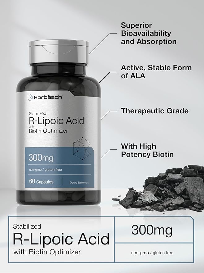 Horbäach Stabilized R-Lipoic Acid 300mg | 60 Capsules | with Biotin Optimizer | Non-GMO, Gluten Free | Na-RALA Supplement