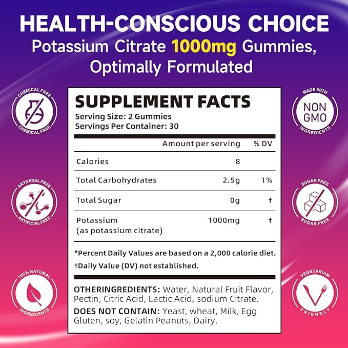 Potassium Citrate Gummies for Adults, Sugar-Free Potassium 1000mg Support Leg Cramps & Electrolyte Balance High Potency 60 Count