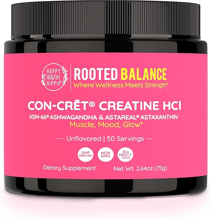 Happy Healthy Hippie Creatine HCl Powder with KSM-66 Ashwagandha | Vegan Creatine for Women | 38x Solubility vs Monohydrate | Hormone Balance | Minimal Bloat | Unflavored, 50 Servings