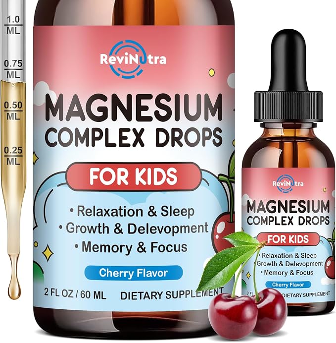 Magnesium Glycinate Liquid for Kids, Kids Magnesium Drops with L-Theanine, Calcium, Zinc, Vitamin D3 K2 for Sleep, Calm, Mood, Relaxation, Focus, Brain, Bones, Natural Cherry Flavor 2 Fl Oz