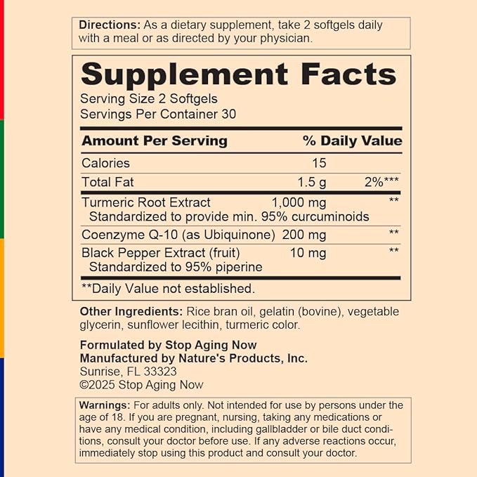 Stop Aging Now - Curcumin CoQ10 Complex - with Turmeric Root Extract - Antioxidant & Cardiovascular Support - 60 Softgels
