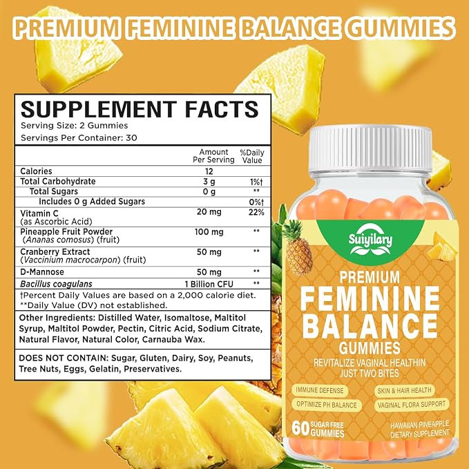 Suiyilary Feminine Probiotics Gummies, Vaginal Health & Women's pH Balance Gummy Supplement with Cranberry Pineapple Powder, Sugar Free Vegan, 60 Count (Pineapple)