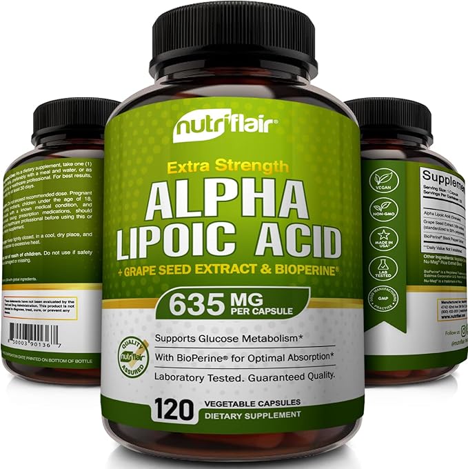 NutriFlair Alpha Lipoic Acid 600mg, 120 Capsules - with Grape Seed Extract and BioPerine Black Pepper - Extra Strength