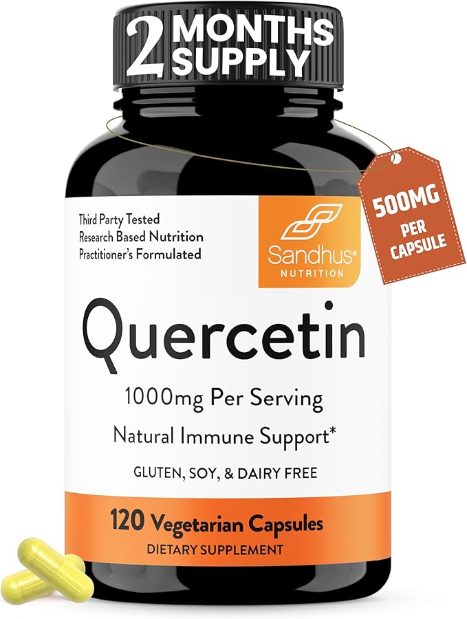 Quercetin 500mg Vegetarian Capsules 120 Count | 1000mg Per Serving of 2 Capsules | Immune Support Supplements For Respiratory, Cellular Health & Seasonal Allergies | Quercitin for Men & Women Immunity